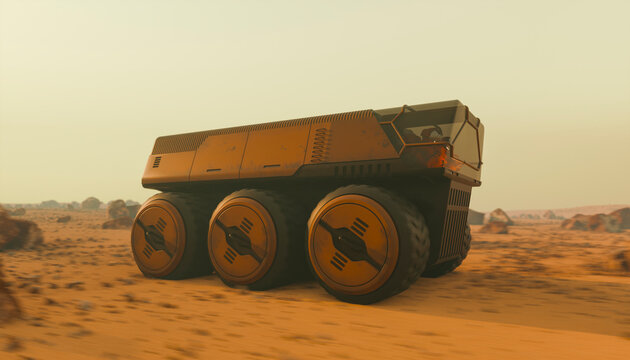 Futuristic rover exploring the desert landscape of planet Mars