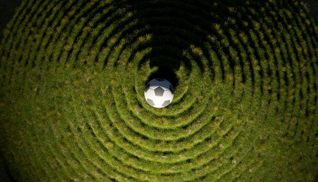 Soccer ball in the center of a green grass spiral maze