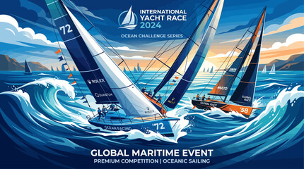 Dynamic Professional Ocean Yacht Racing Competition Featuring Sailing Vessels Navigating Rough Blue Waves During A High Stakes Maritime Sporting Event © john