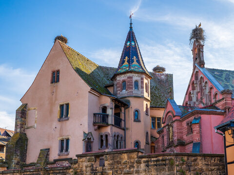 Historic church and traditional medieval buildings in Eguisheim