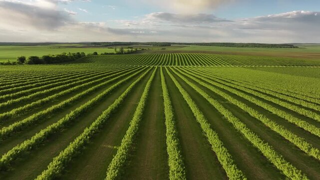 Aerial majestic landscape view of agricultural field of currant bushes.