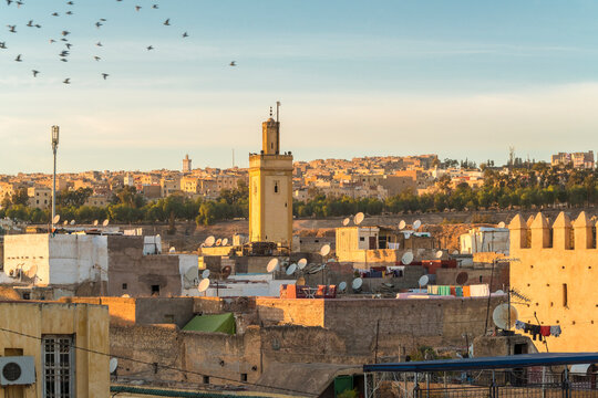 Morocco, Fes-Meknes, Fes, Minaret in Fes el Bali at dusk