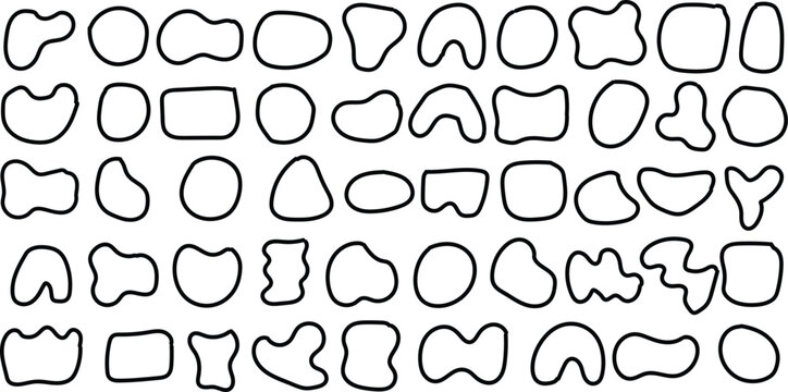 Minimal black thin line fluid blob contour frames isolated on white background, classic monochrome organic liquid container wireframe pack, standard crisp stencil vector layout chart