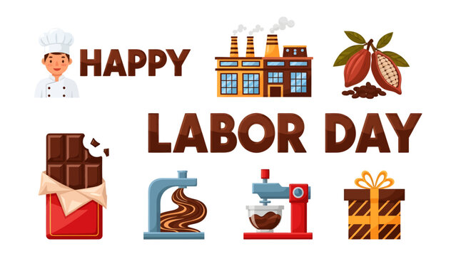 Happy Labor Day Chocolate Factory Scene: A delightful illustration depicting a chef, a factory, cocoa pods, a chocolate bar, machinery, and a gift box to celebrate Labor Day.