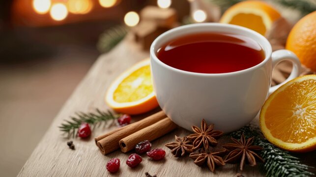 winter breakfast scene featuring rooibos tea. The tea, with its characteristic reddish-amber color, is served in a large, cozy ceramic mug