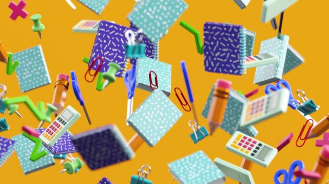 Back to School endless looping video with stationery items falling in slow motion on vibrant yellow background in 3D animation