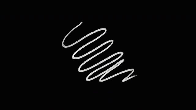 Hand drawn white chalk squiggle spiral animation element on black background