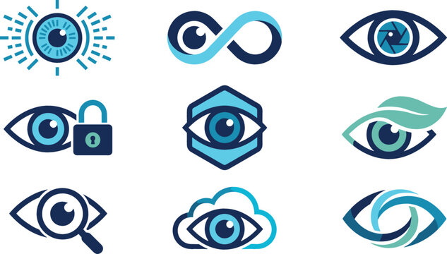 Abstract eye and vision logo icon set with infinity shutter lock leaf magnifying glass cloud technology vector