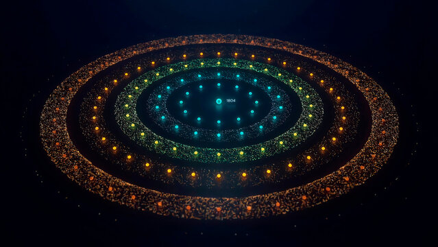 World population growth concept with glowing dots in concentric circles on dark background