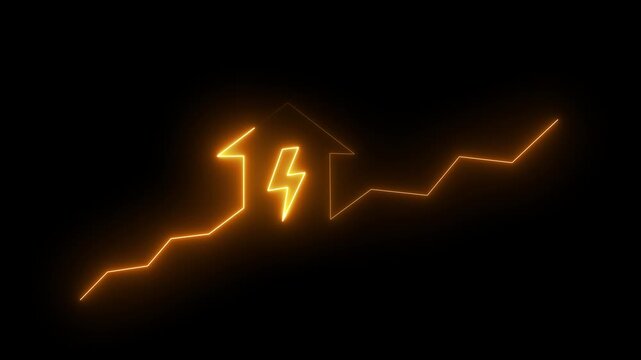 Orange neon arrow with lightning bolt and rising graph on black background.