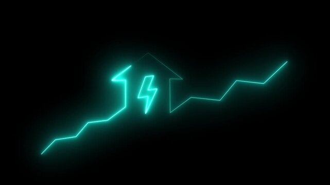 Blue neon arrow with lightning bolt and rising graph on black background.