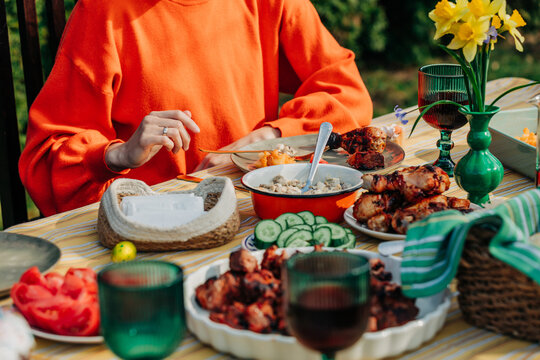 Festive Easter dinner with traditional food in the backyard