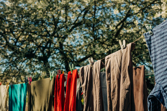 Clothes hanging on a clothesline in a sunny spring garden