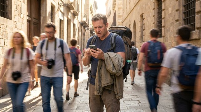 Stressed tourist man navigates crowded European city street with smartphone