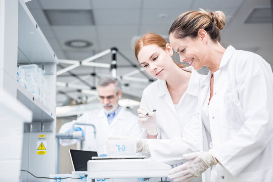 Scientists weighing samples in rain lab