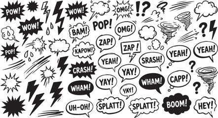 Comic book speech bubbles, sound effects, explosion icons, black and white vector set © Sabit