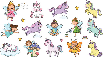 Fototapeta premium Cute cartoon magical fairies and unicorns vector set with friendly fantasy creature characters isolated illustrations collection.