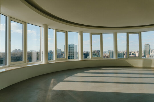 Empty modern office interior with panoramic city view