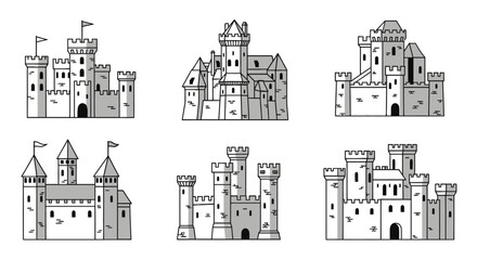 Medieval castle icons set with various architectural styles © Alfianto