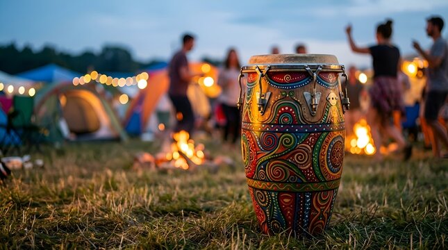 Traditional Decorated Conga Drum with Blurred Night Camping Bonfire Party Background