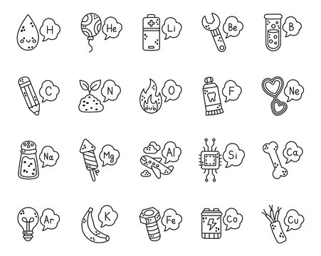 Chemical set featuring water, banana, pencil, battery, airplane, firework, microchip, fire, toothpaste, balloon, heart, wrench, test tube, fertilizer, bulb, bone