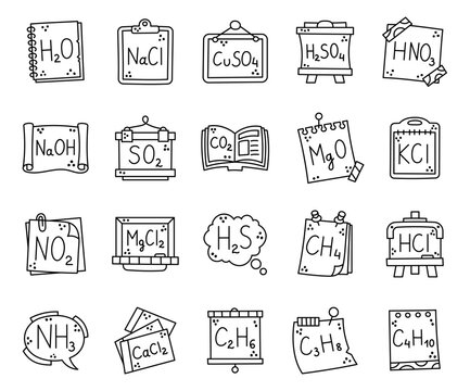 Chemical compound set featuring formulas water sodium chloride copper sulfate sulfuric nitric acid hydroxide dioxide oxide methane propane butane ammonia