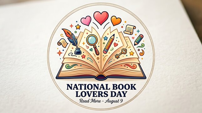 Colorful open book with hearts and icons celebrating national book lovers day event illustration