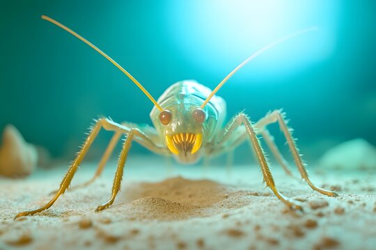 A sand colored bug like monster with large antennae and numerous legs, appearing through a dense atmospheric haze