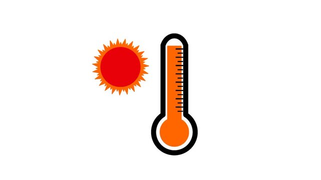 Animated thermometer with sun icon showing high temperature for summer season and hot weather concept