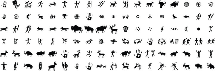 Naklejka premium 108 Ancient Prehistoric Cave Art Symbols Collection | Primitive Rock Art Vector Set #1