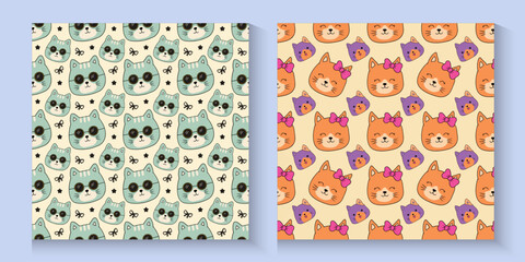 Cute cat faces design seamless pattern with cute colorful head cats. Different scandy cats on color background. Scandinavian style illustration for kids © Sri drawing