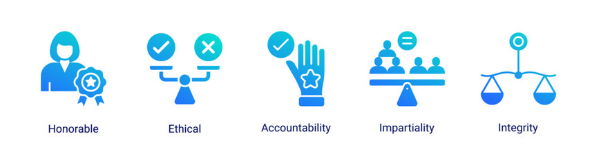 Fototapeta premium Ethical governance icon set featuring accountability,integrity,fairness and ethical leadership concepts for organizations.
