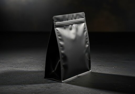 Premium Matte Black Stand-Up Pouch Mockup on Dark Textured Surface with Dramatic Lighting for Coffee or Snack Packaging