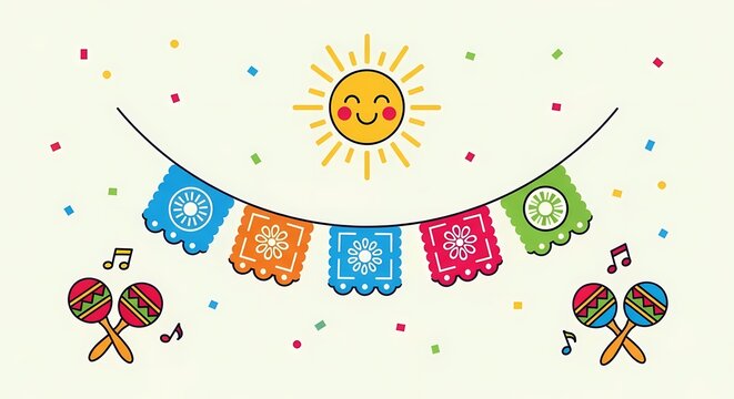 Festive Mexican banner with sun and maracas.