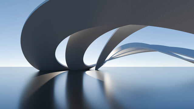 Abstract futuristic architecture structure with elegant white curves and reflections on a dark glossy surface under a clear blue sky