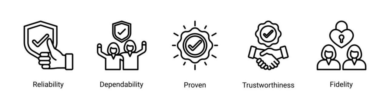 Reliability icon set featuring dependability,trustworthiness,fidelity and proven performance concepts for professional credibility.
