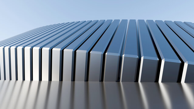 3D render of futuristic parametric architecture featuring metallic blue and silver vertical panels in a curved arrangement with reflection