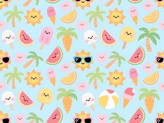 Obraz premium Summer Greeting Seasons Seamless Pattern with Mini Tropical Fun and Cute Vacation Icons