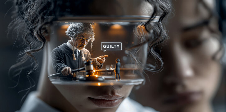 Courtroom decision scene. Legal judgment depicted with emphasis on moral themes and tension