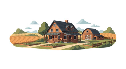 Traditional countryside farmhouse with wooden barn and crop fields © kamil