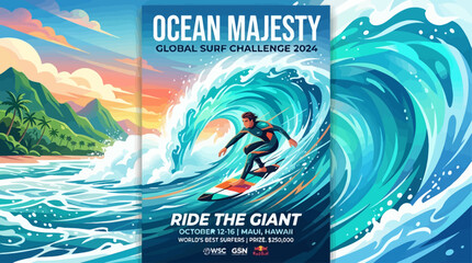 Extreme Professional Surfer Riding A Massive Barrel Wave During A Tropical Oceanic Competition Event Poster Concept © john