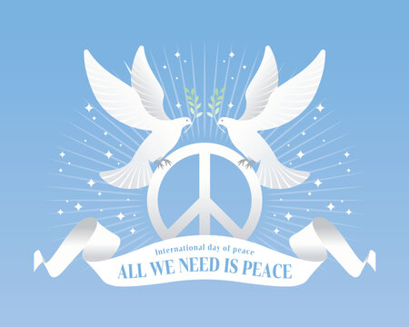International day of peace - Twin White peace birds stand on circle peace sign and text in white ribbon around on blue background vector design