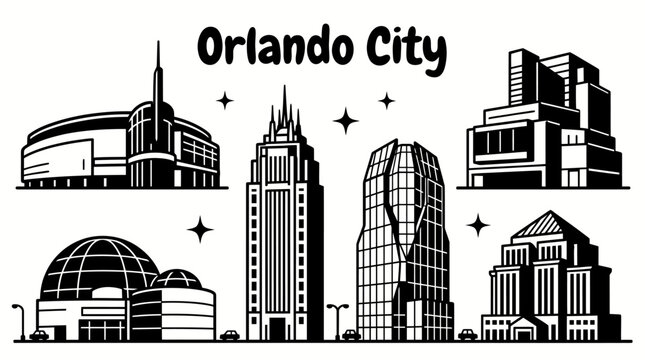 orlando city skyline urban architecture downtown landmark travel tourism america usa landscape set collection metropolitan business culture modern historic destination with theme park lake florida