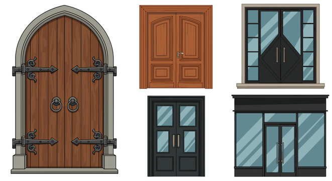Selection of various architectural door designs including a medieval arched wooden door, modern glass doors, and a commercial storefront.