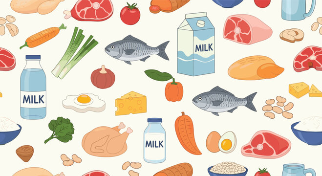 Seamless pattern of healthy food items like meat, fish, vegetables, and milk supports nutrition and diet themes.