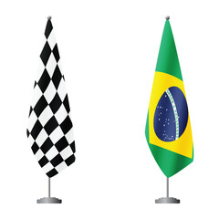Fototapeta premium Checkered and Brazil flags on flagpoles for official ceremonies and meetings, transparent background vector
