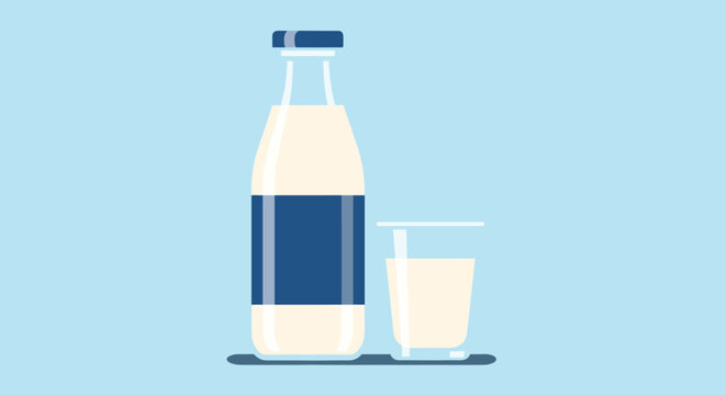 Simple flat illustration of a glass milk bottle with a blue label and a full glass of milk on a soft light blue background for dairy advertising.