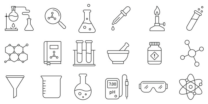 Chemistry lab outline icons set. Collection for science, research, medical, biology, physics, biotechnology school education projects. Vector illustration.