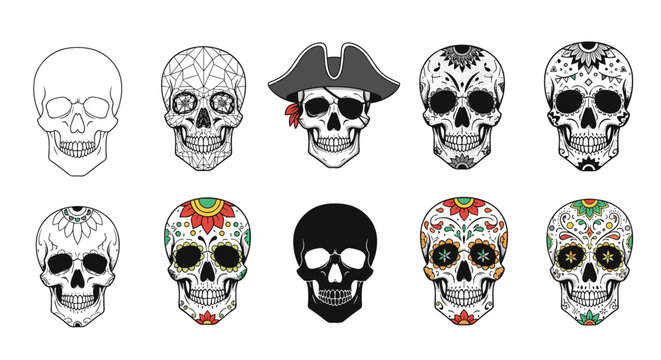 Collection of stylized human skulls including simple outlines, decorated sugar skulls, pirate themed versions, and solid black silhouette art.