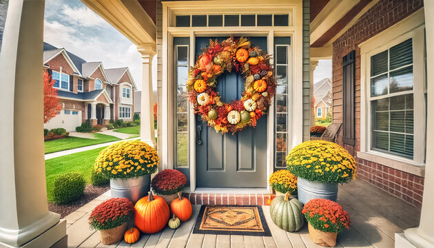 Suburban Porch with Small Autumn Wreath and Fall Decor